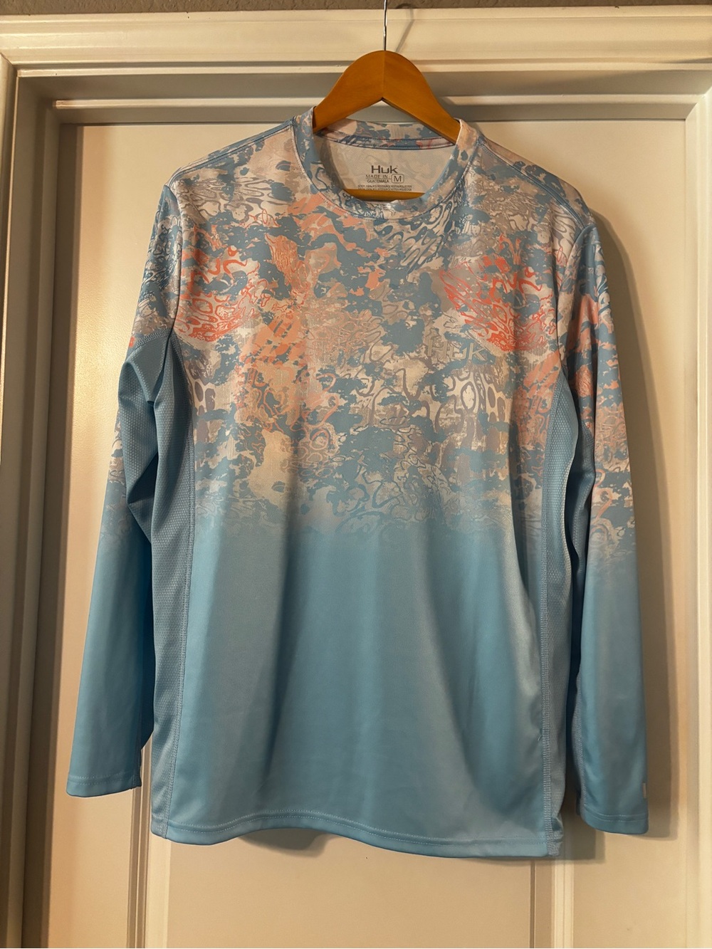 Huk Men’s Long Sleeve Performance Shirt - Light Blue with Coral & White Pattern